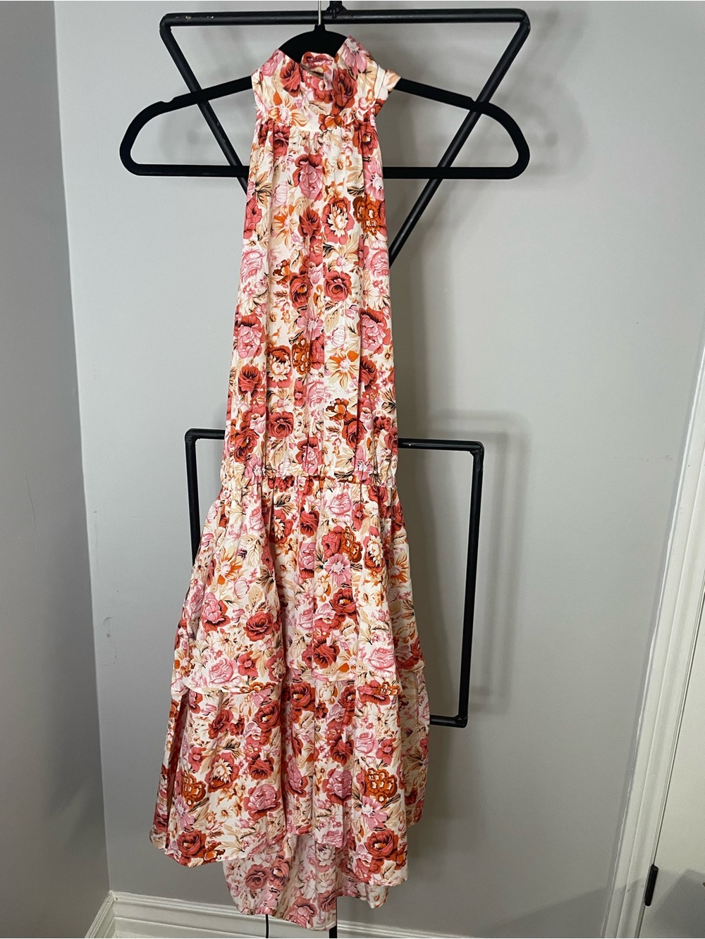 Backless Floral Halter Maxi Dress - Pink Rose